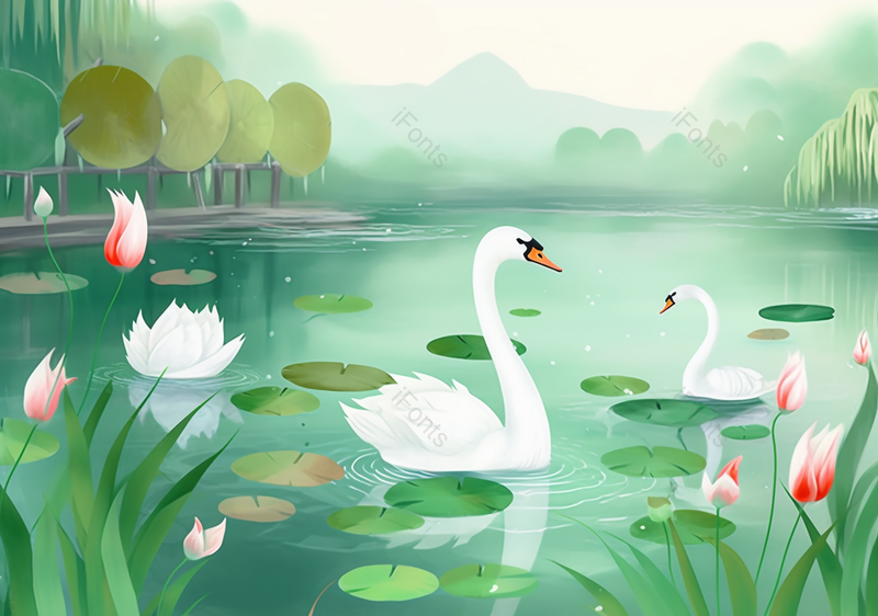 中国风天鹅插画荷花池背景,插画/手绘图,插画/手绘图库,插画/手绘图下载,插画/手绘